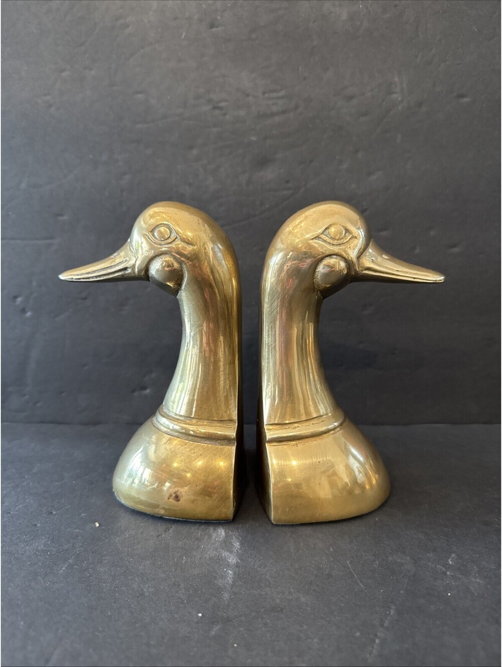 Vintage Set of 2 Solid Brass 6.5” Mallard Duck Head Bookends MCM